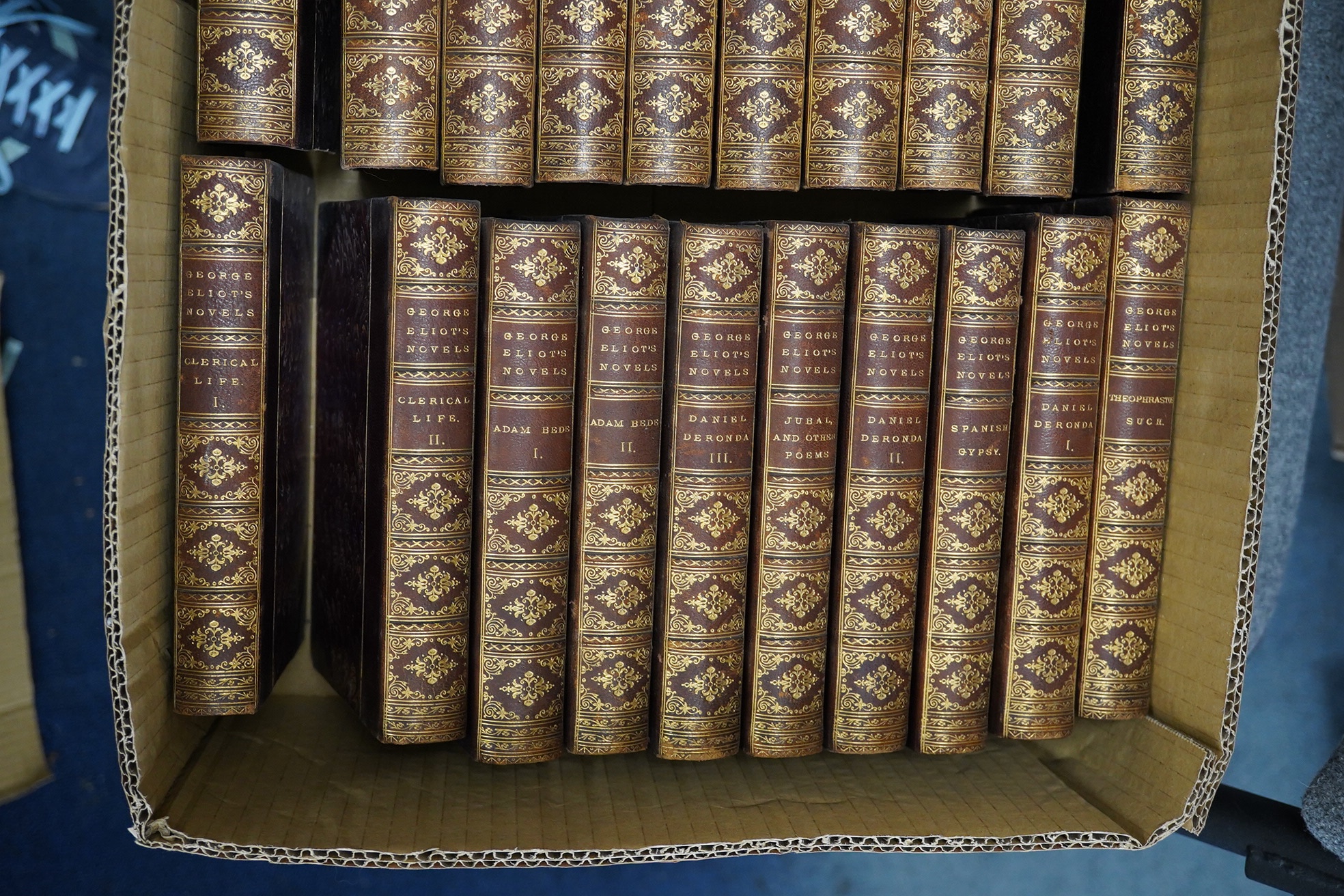 Eliot, George - The Works, Cabinet edition. 20 vols. 8vo, contemporary half red morocco and marbled boards and edges, spines gilt in compartments with raised bands, by H. Sotheran and Co., published by William Blackwood